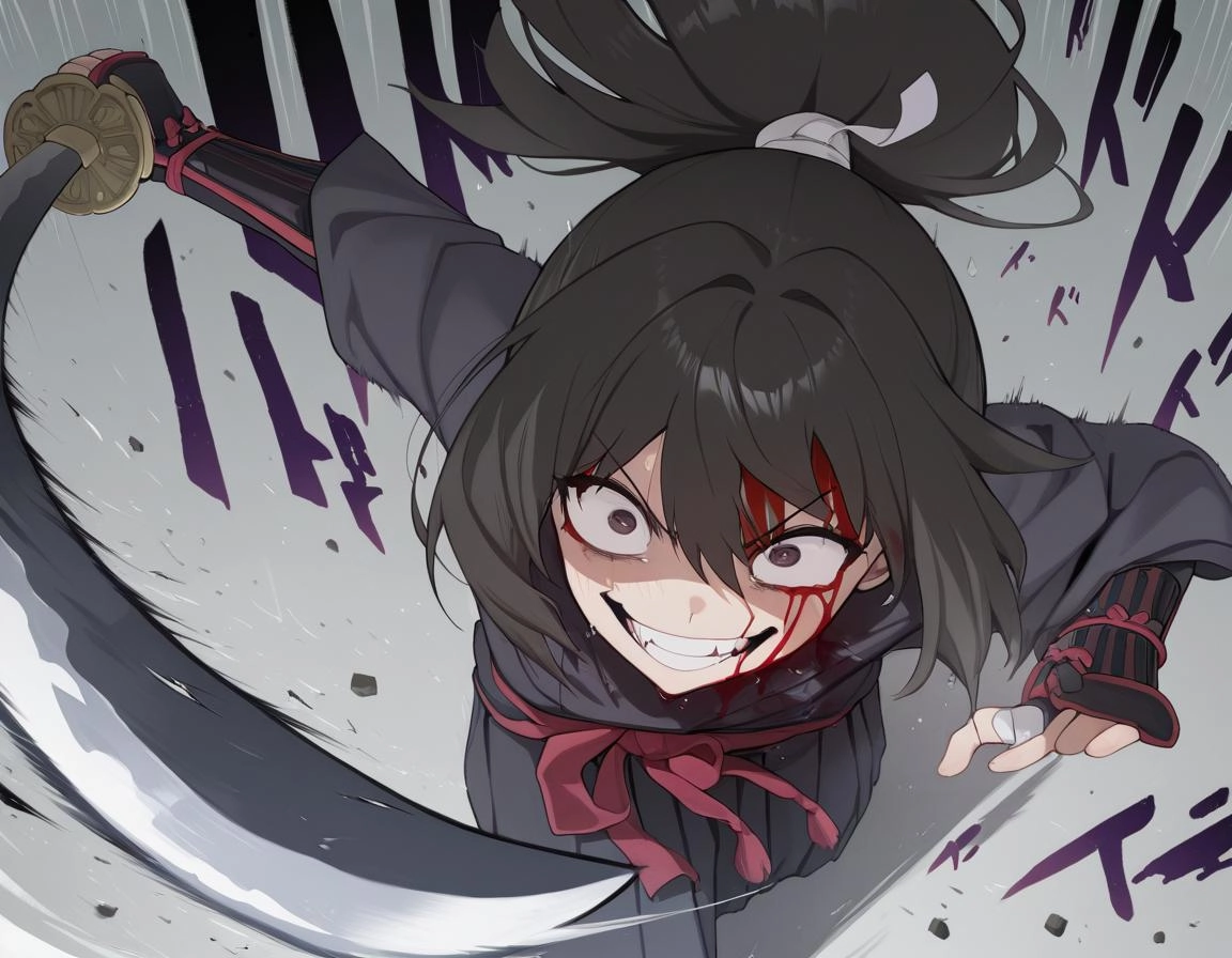 Anime girl, samurai cat with samurai sword, menacing look on her face, smiling blood everywhere