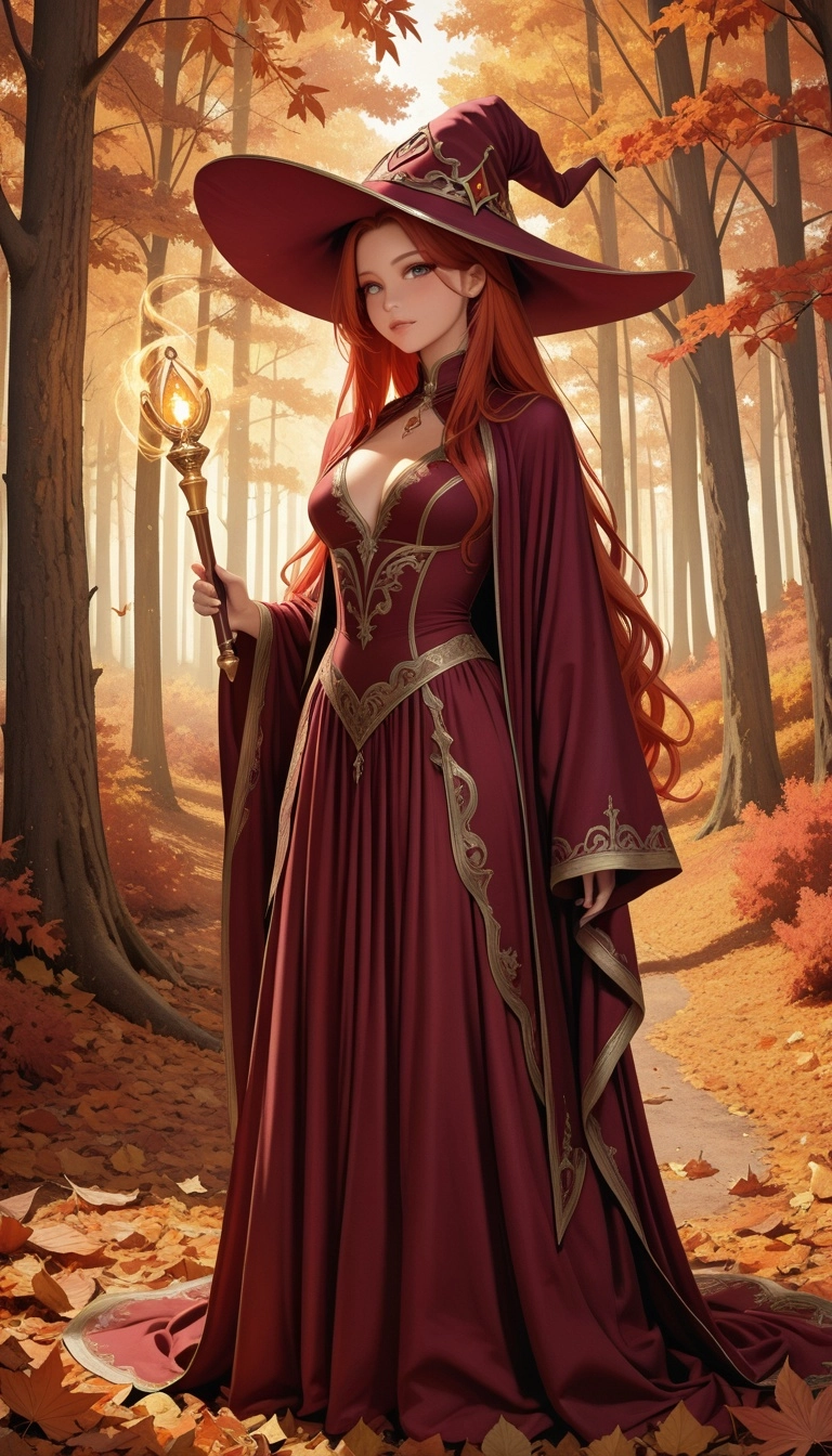 A life-size Barbie doll with long red hair, wearing a long vintage burgundy dress with gold trim and a pointed witch's h