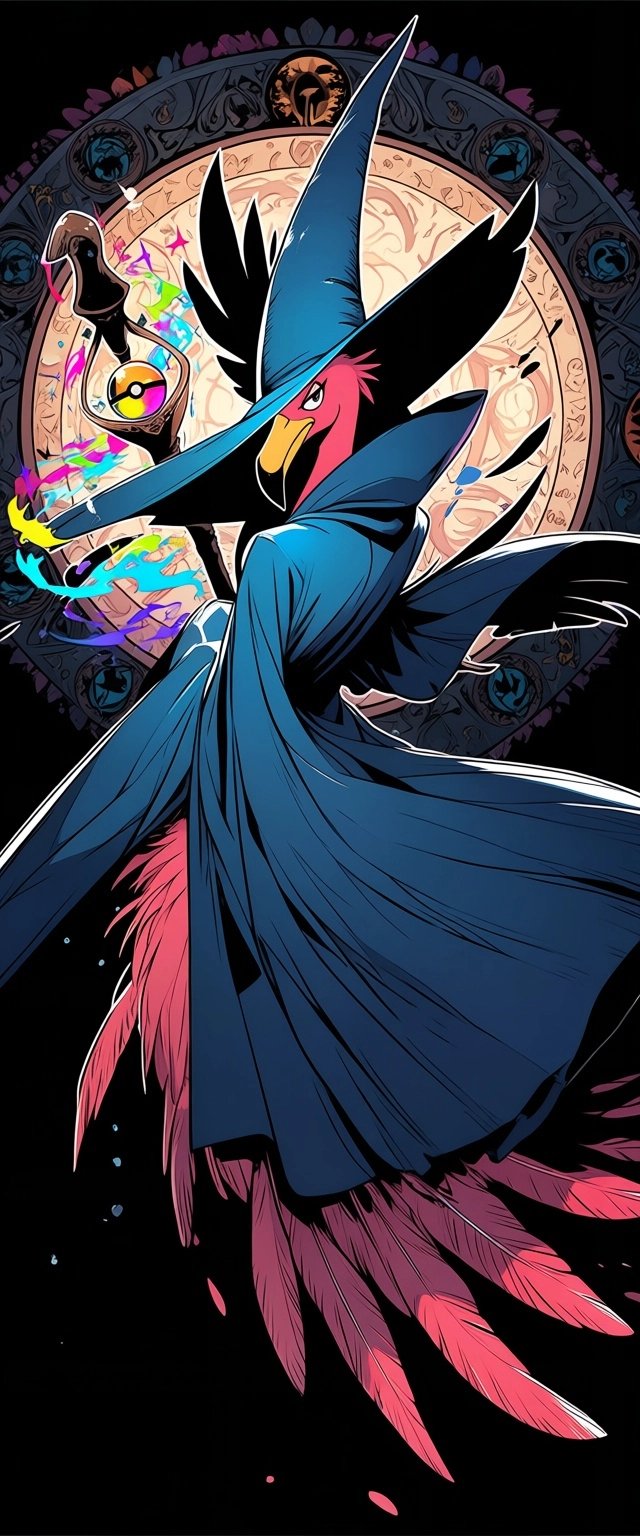 1male, flamingo, anthro, avian, pink feathers,  flowing prismatic blue mages  robe,  blue  wizard's hat, Golden mage's s