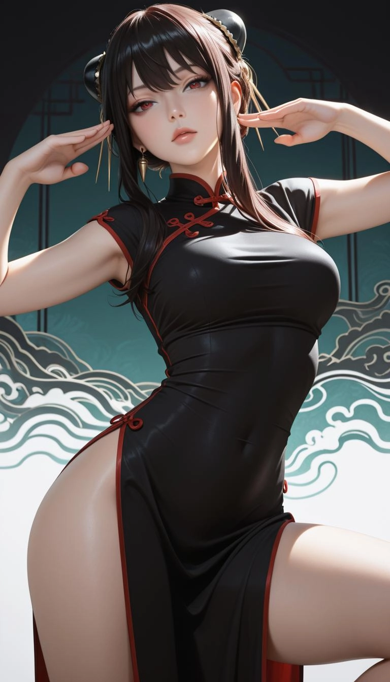 1girl, solo, (yor forger:1.5) from Spy x family,  medium breast, black chinese dress, fighting pose, Seductive, volumetr
