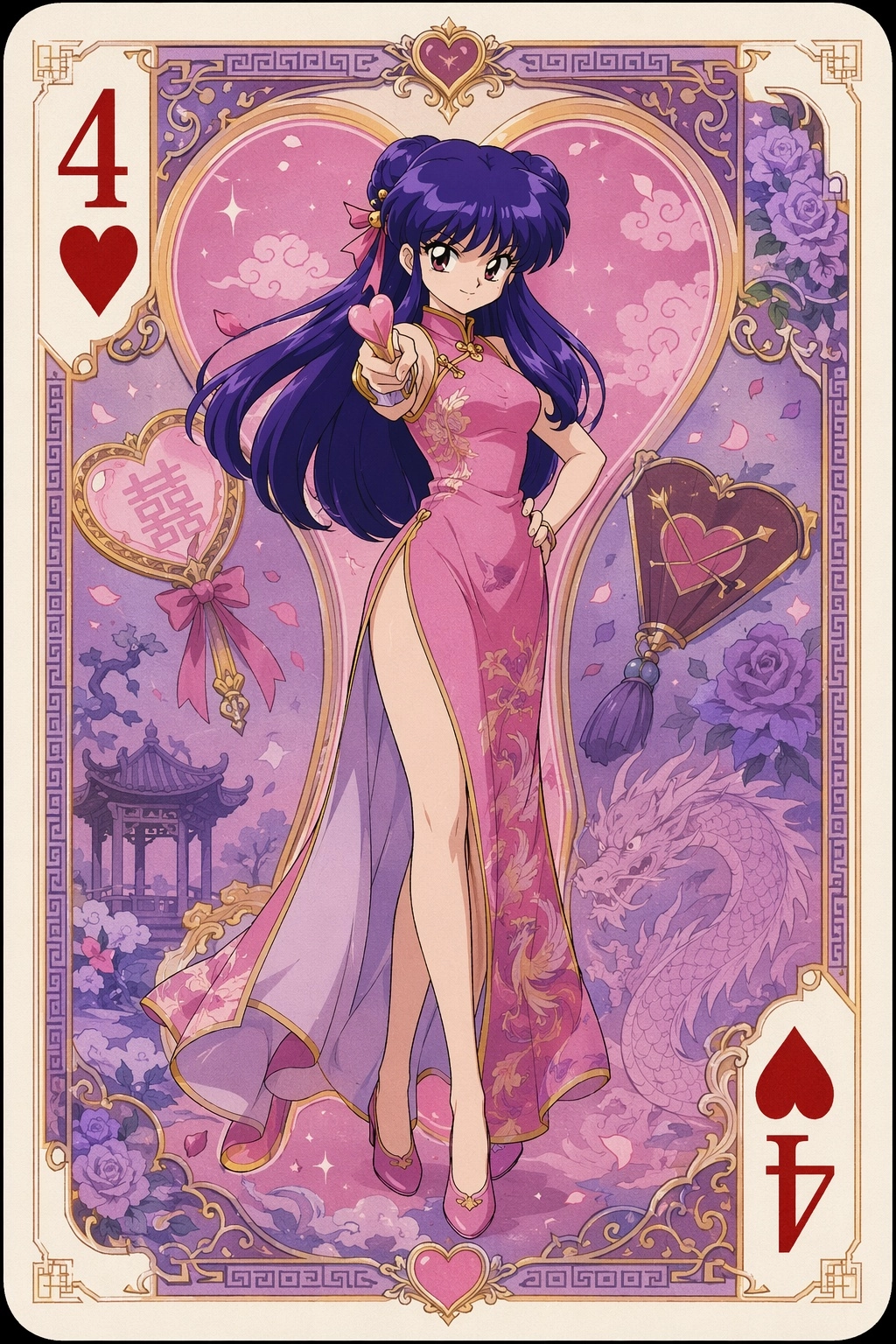 A very detailed playing card (Hearts) showing Shampoo from Ranma 1/2 on it. Her card is number 4 in the set. Minimal tex