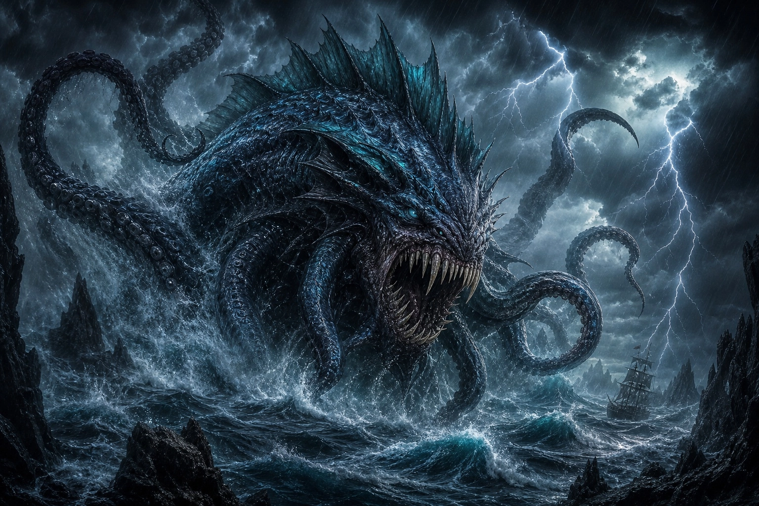 fantasy, kraken, tempest, ocean, fangs, emerging from the ocean during a storm, lightning, scales, crest along the back,
