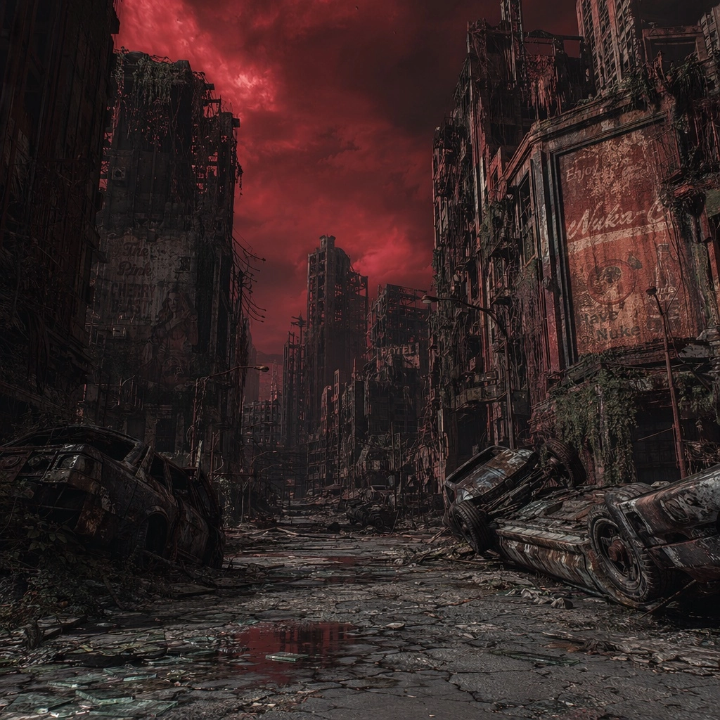 A hyperrealistic, ground-level shot from a cracked sidewalk in a vast, abandoned metropolis under a bruised dark red sky