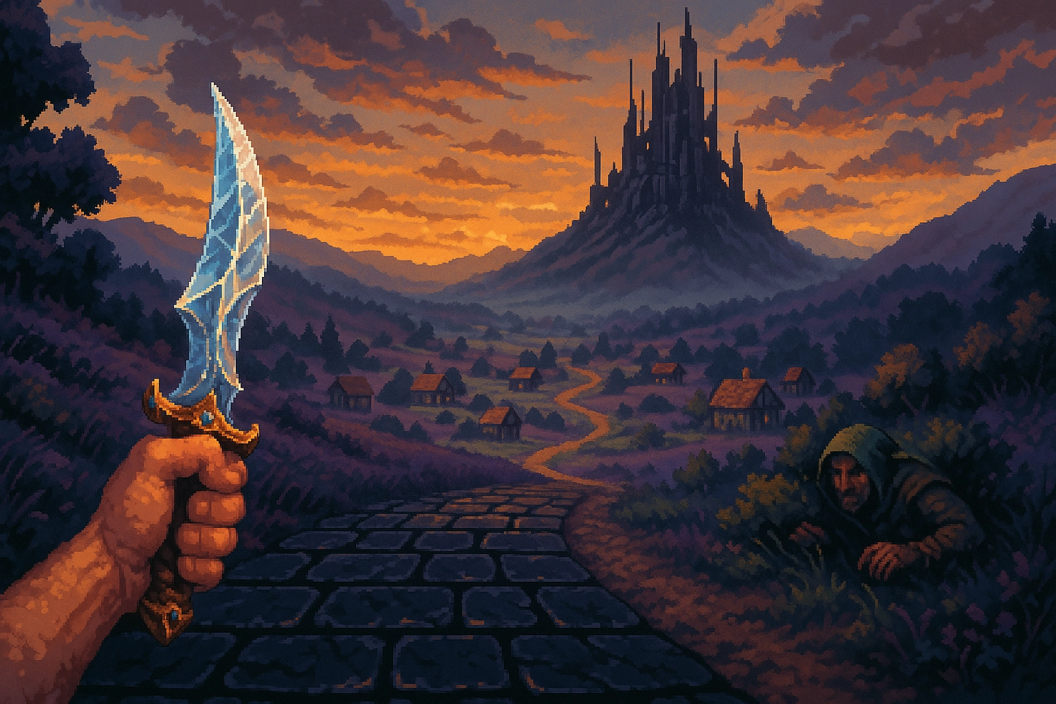 vibrant, 32-bit pixel art landscape in the style of a 90s fantasy RPG. In the foreground, a first-person perspective sho