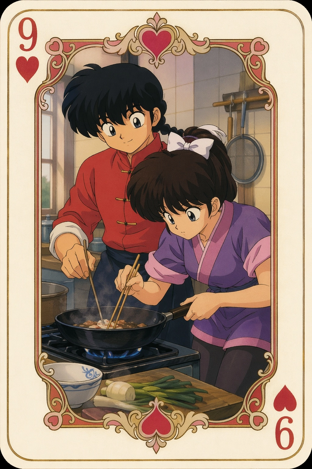 A detailed playing card (Hearts) from Ranma 1/2 showing Ranma and Ukyo in the kitchen, he is helping her while she is co