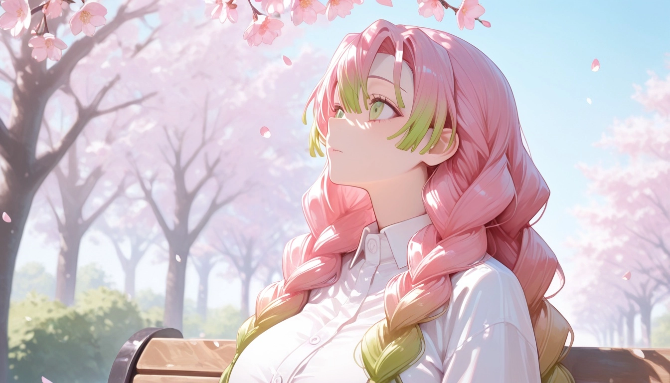 1girl, Mitsuri kanroji, bench, outside, pastel color palette, soft anime shading, voluptuous, curvy, Sakura trees, bloss