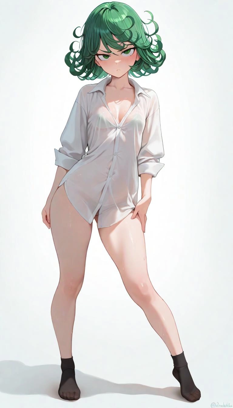 1girl, small breasts, side boobs, tatsumaki, no shoes, short white shirt, visible breast throught shirt, chibbi body, cl