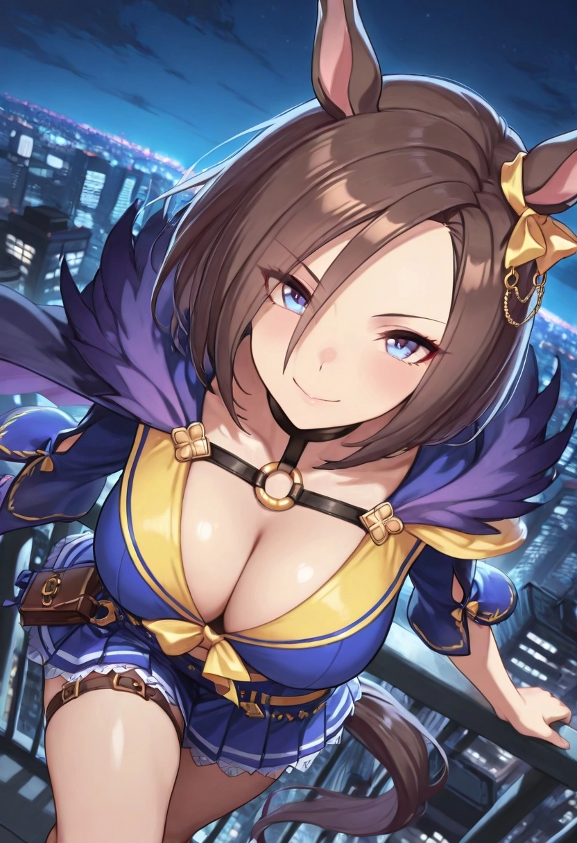 1girl,Air Groove(Umamusume),smile, Dynamic angle, Dynamic pose, looking at viewer,night sky, cityscape 