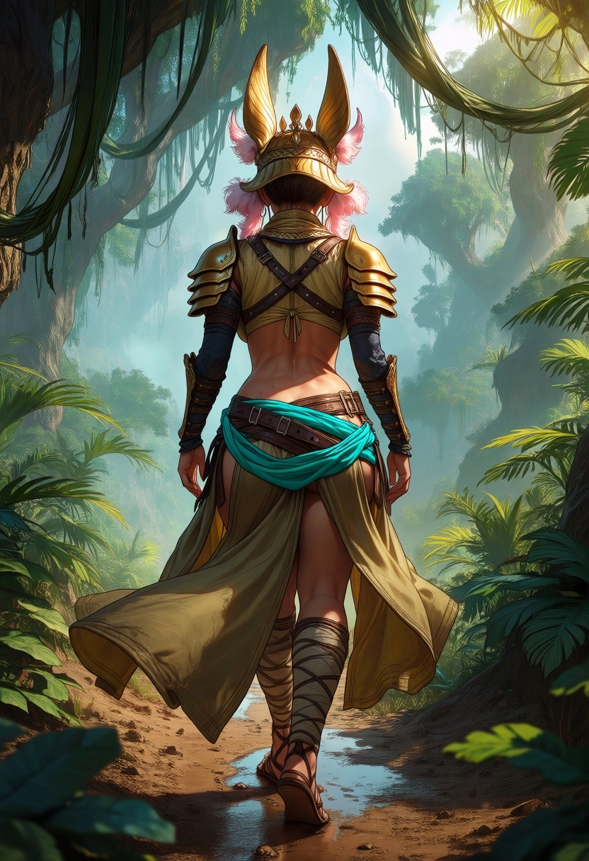 A cinematic, over-the-shoulder third-person view focused on a female hunter facing away from the viewer, exploring a den