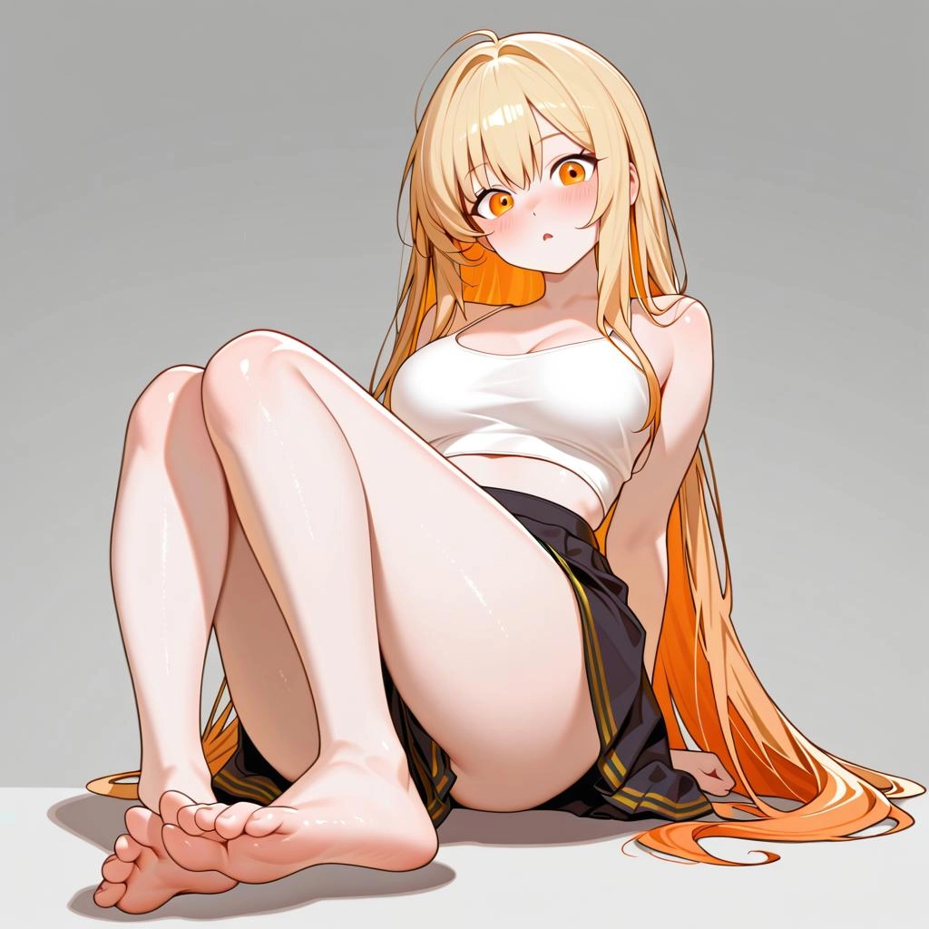 1girl, blonde hair, curious expression, orange eyes, long and lucious hair, medium breasts, looking at viewer, white top