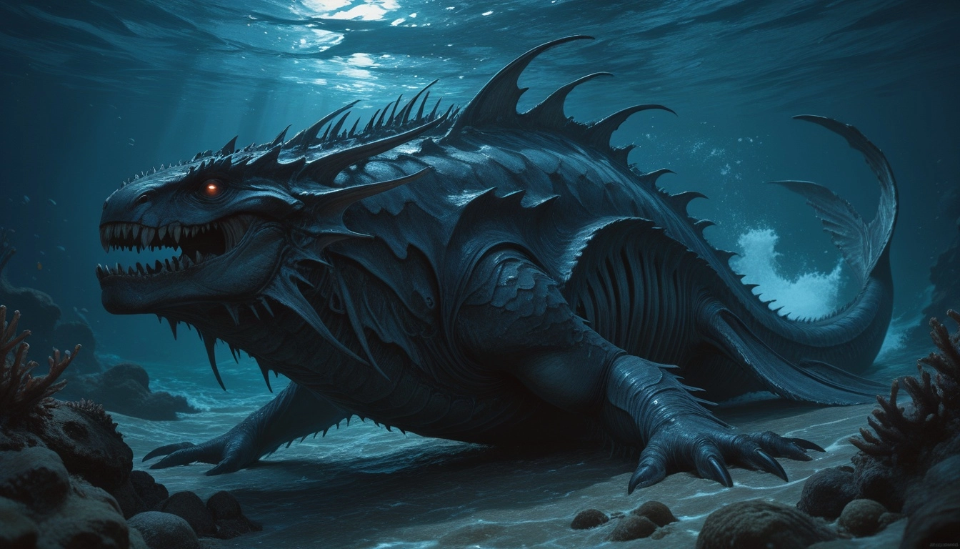 sea, dark fantasy, long sea monster, tempest sea, deep sea under water
