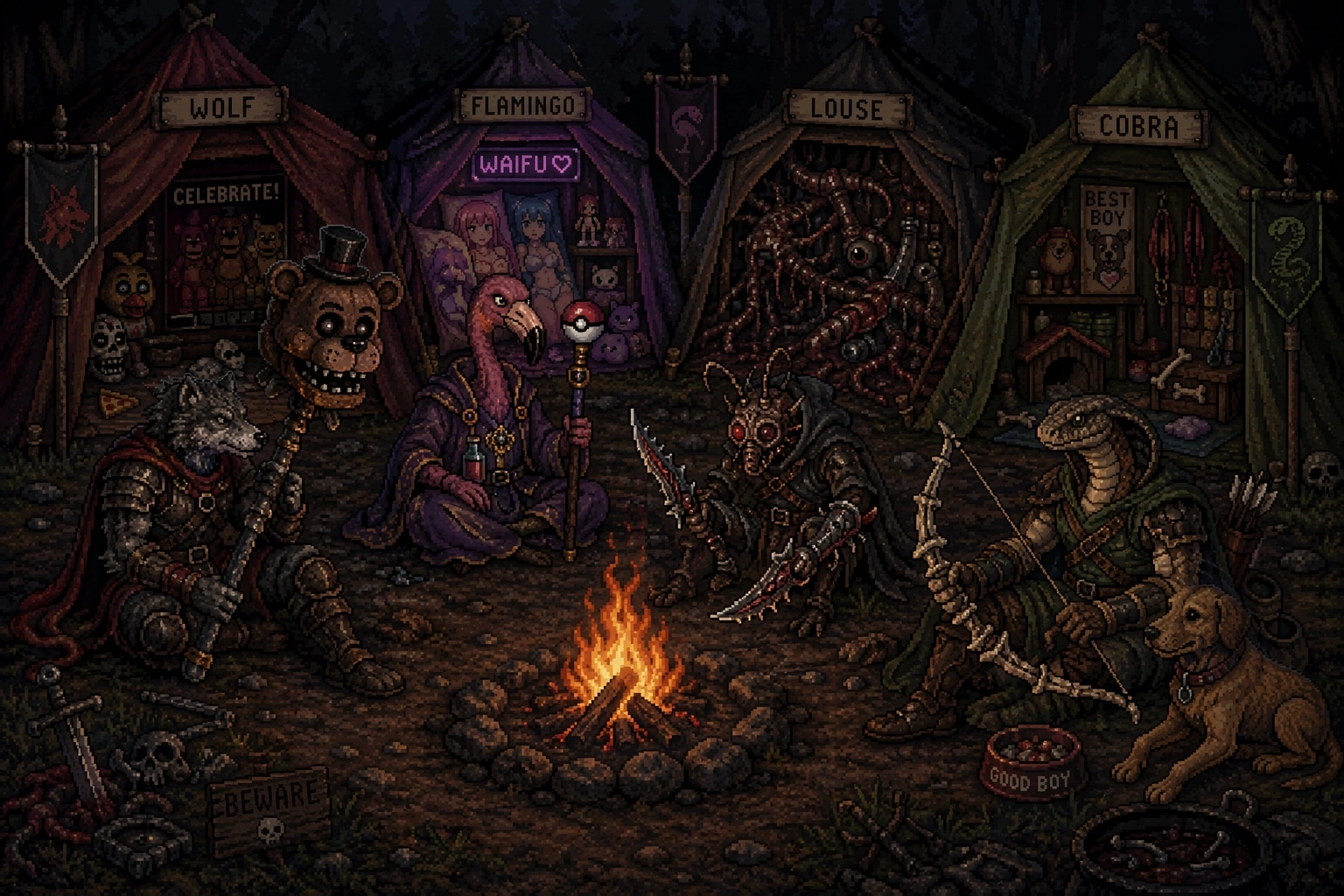 A group sitting at camp in front of their  tents.
A male warrior wolf wielding a Freddy Fazbear head as a two handed mac