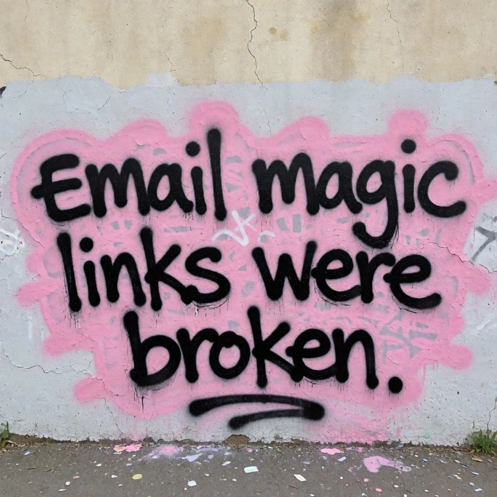Graffiti on a wall that reads: email magic links were broken