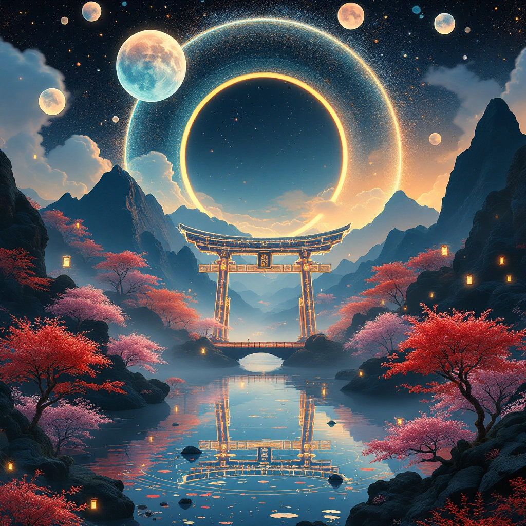 A surreal Japanese landscape inspired by parallel worlds — ancient and futuristic realities colliding. Ethereal floating