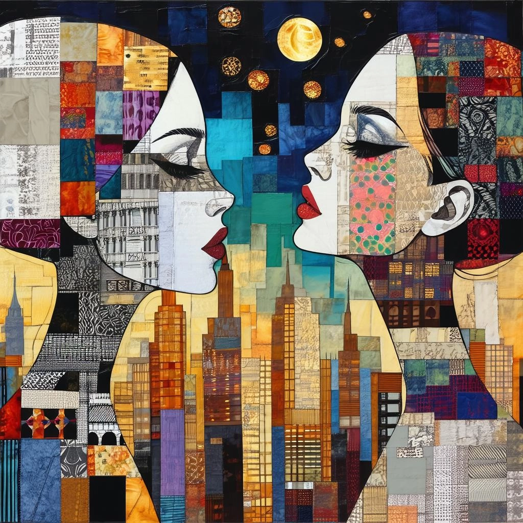 A distorted, dream-like scene of a dysfunctional sisters in the city at night, reminiscent of Eileen Agar's surrealist t