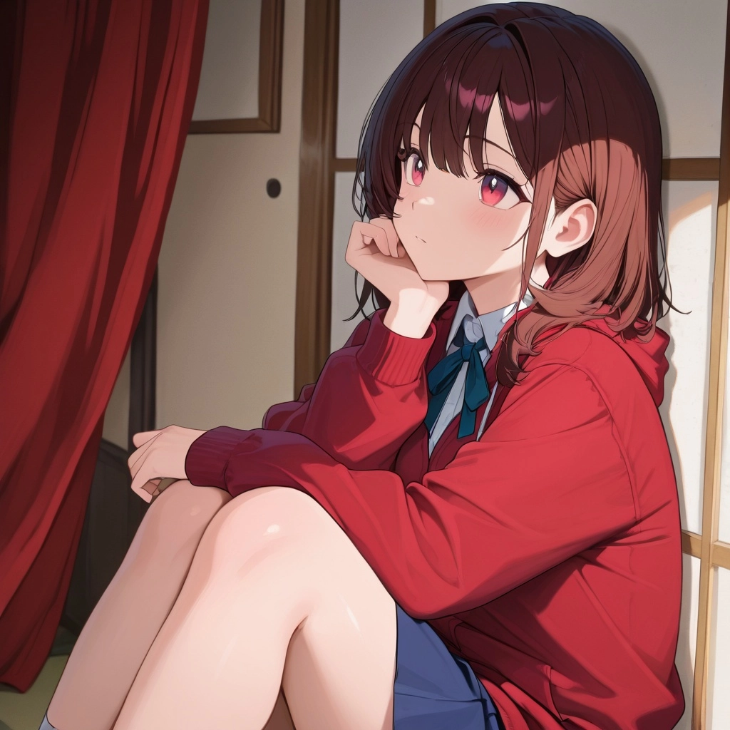 A cool samurai sits on his knees in profile, looks into the distance, thinks