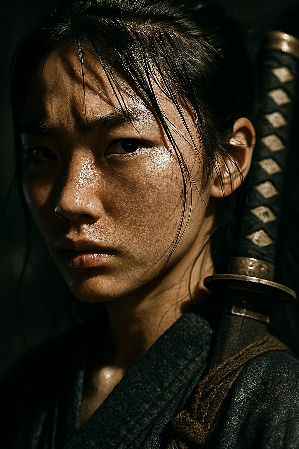 A hyper-realistic, ultra-detailed, close-up photo shot of a samurai girl with a high-end DSLR, showcasing extreme textur