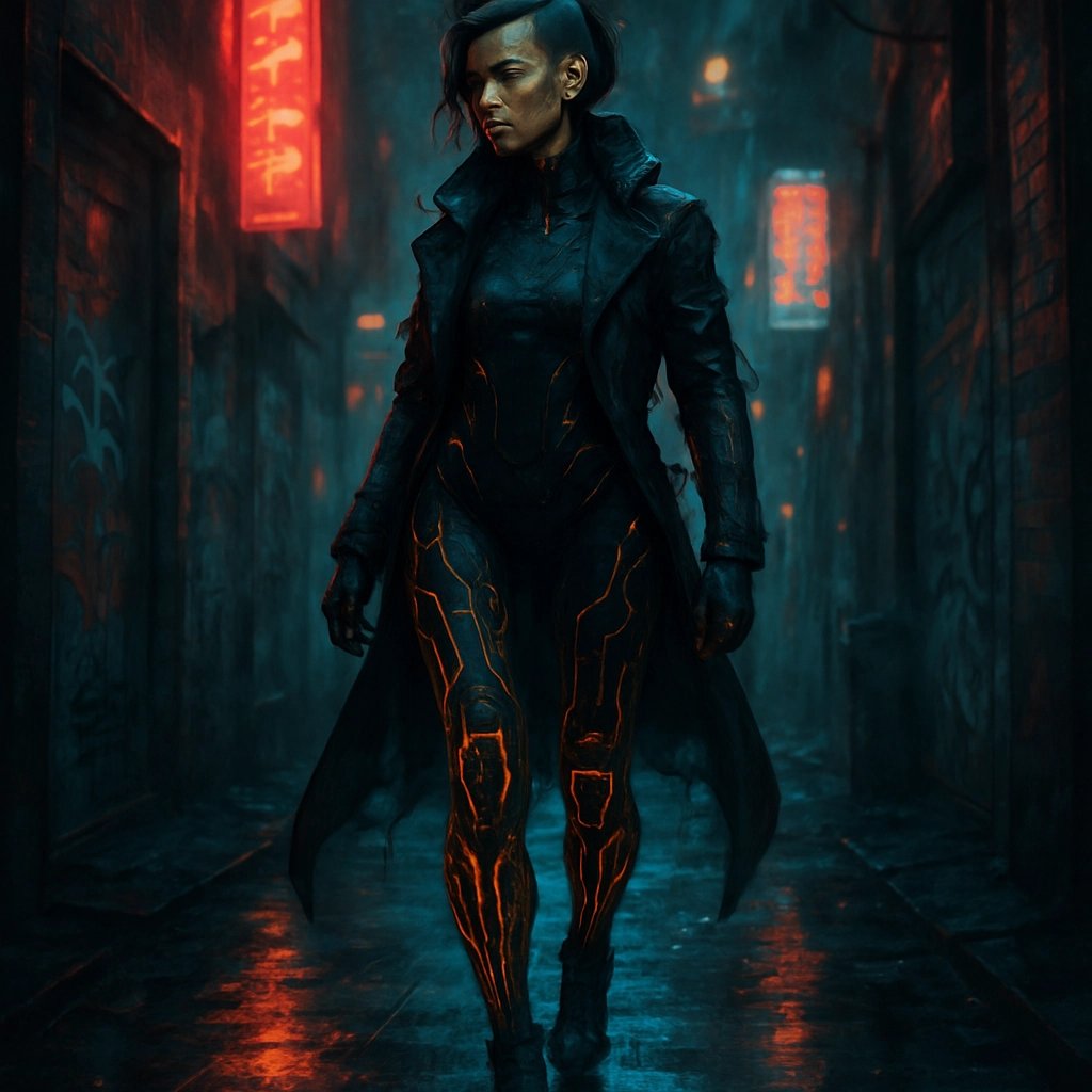 A cyberpunk woman with intricate cybernetic enhancements, her legs adorned with glowing circuitry, walks through a gritt