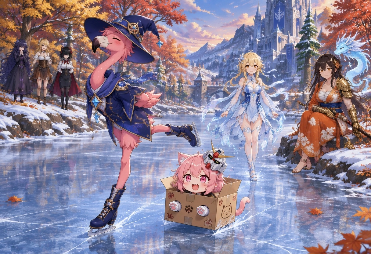 A male mage flamingo named "Tiny" ice skating carefree on a frozen lake, one leg out behind him, arms behind his back, s