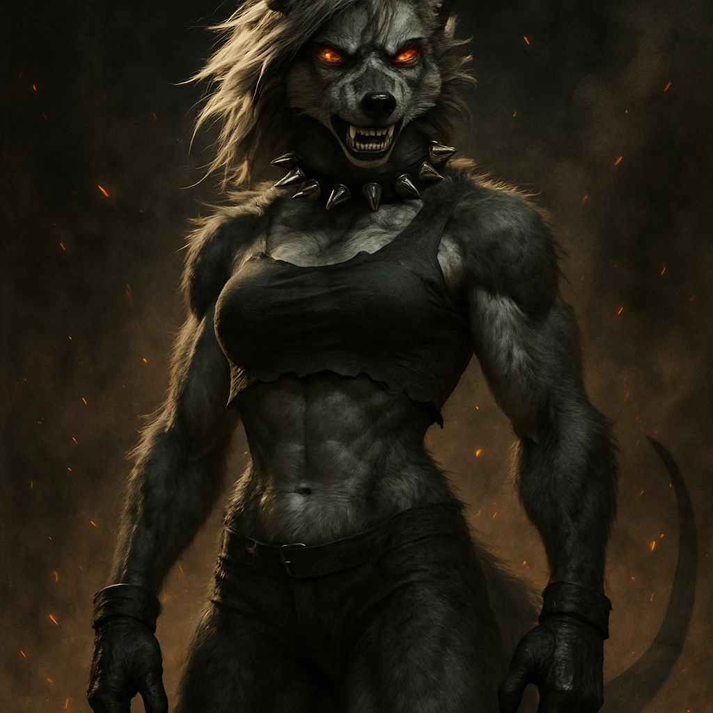 Loona, a tall muscular hellhound anthro female, punk-goth aesthetic, spiked leather collar, torn black crop top, fingerl