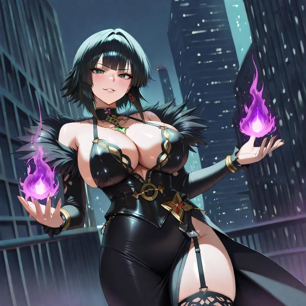 sakuga, medium shot of a sorcerer dressed woman standing with a dangerous look, as she stares harshly at the viewer, the