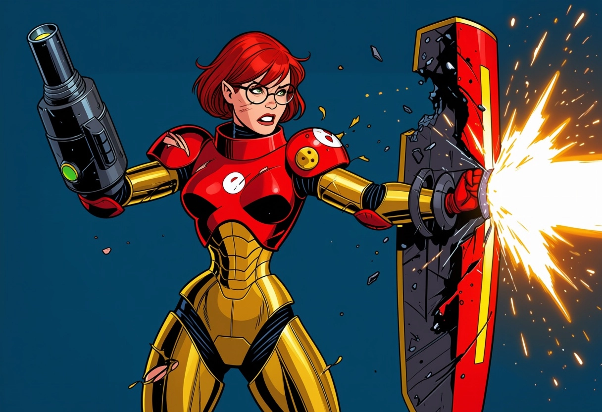 Female elf, red short hair, glasses, future base scenario, redand gold power armor, armor torn apart, she raised her shi