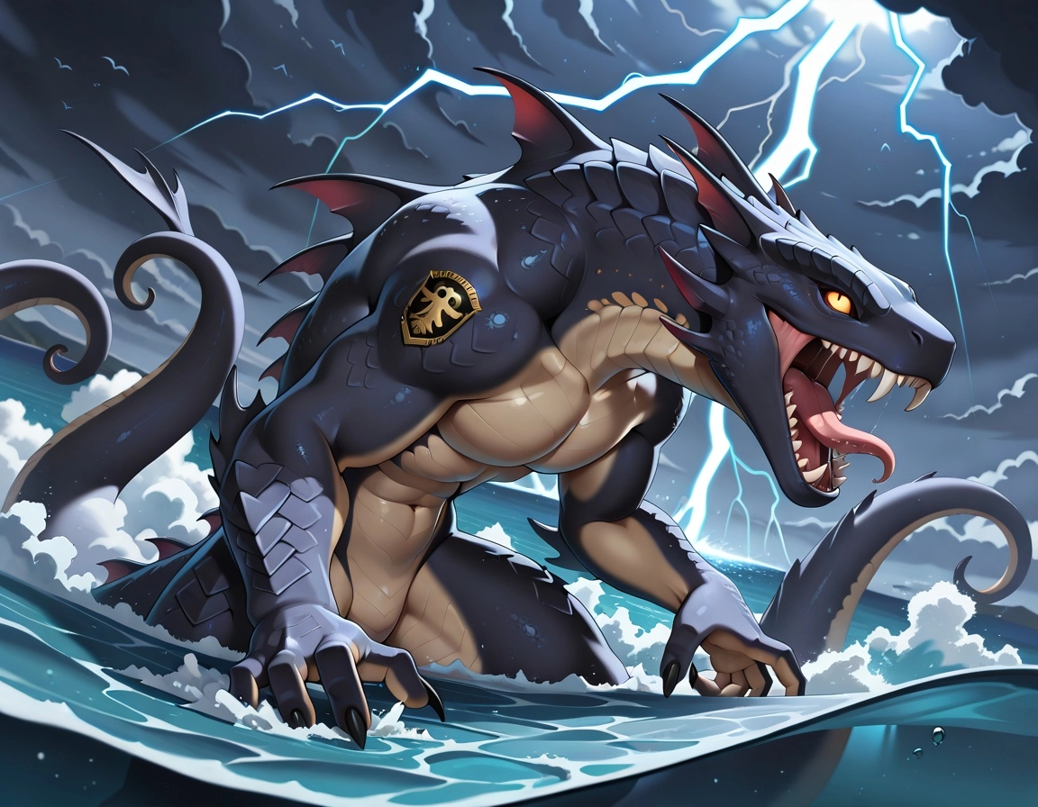 fantasy, kraken, tempest, ocean, fangs, emerging from the ocean during a storm, lightning, scales, crest along the back,