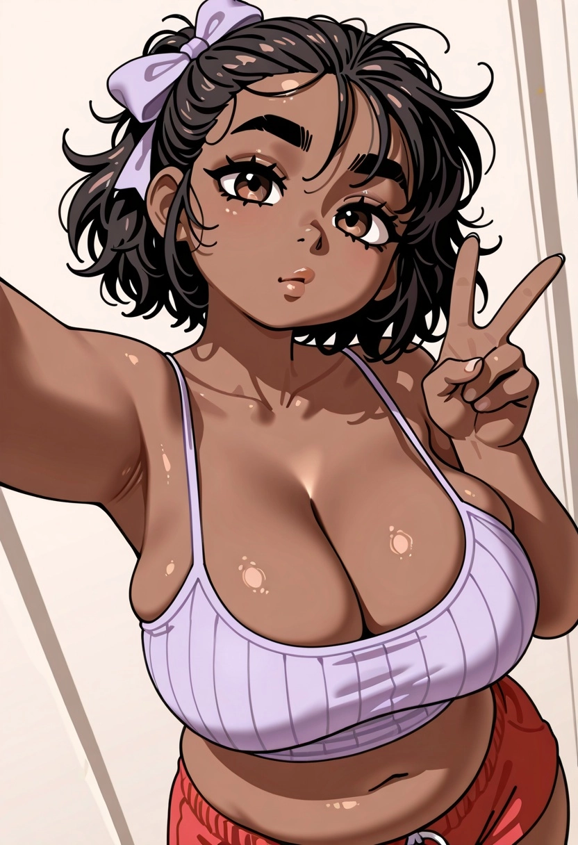 photo of 1girl, solo, dark skinned (1.3), brown skin (0.2), messy ponytail, hair ribbon, thick dark eyebrows (1.2), heav