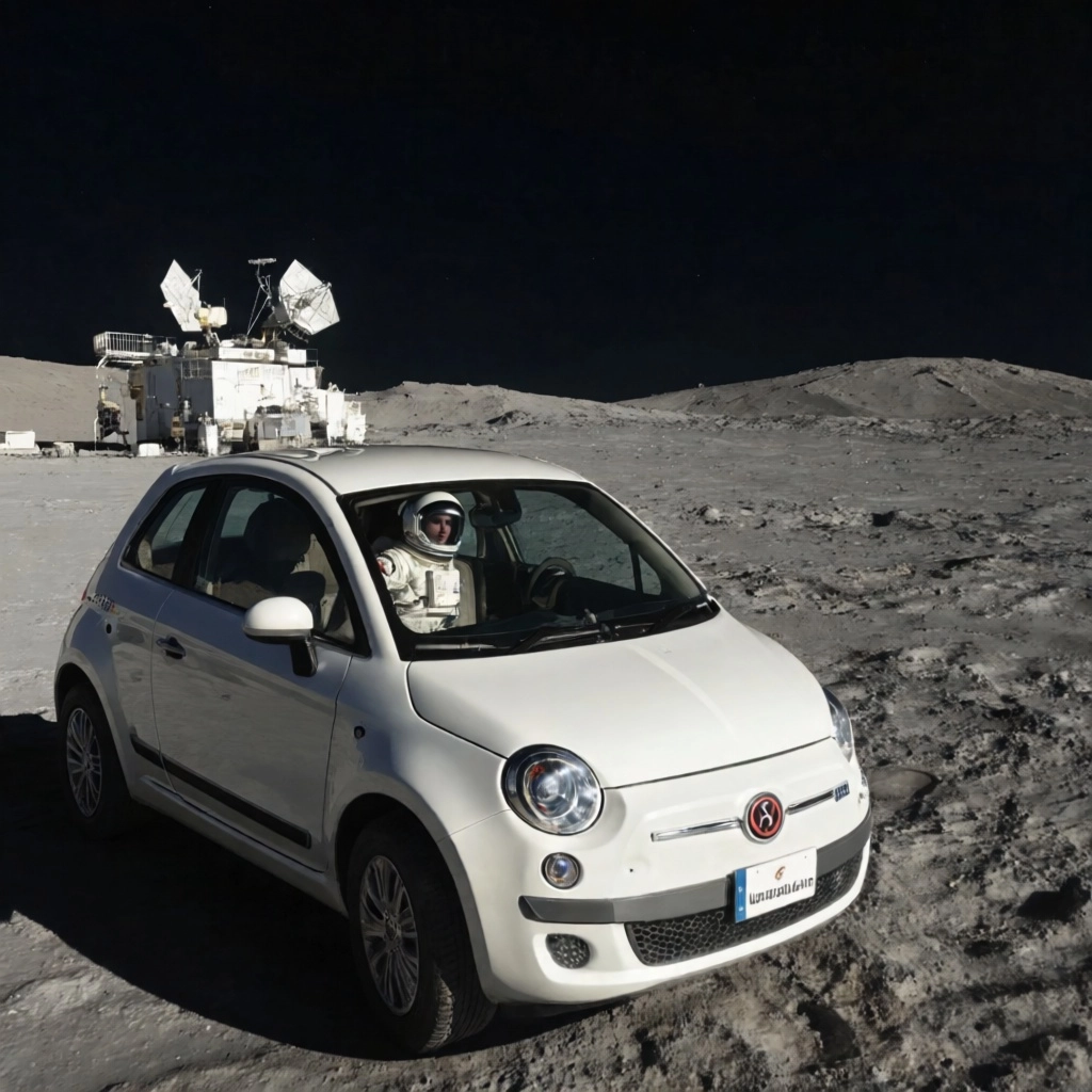Generate a photorealistic image of the lunar surface. In the background, a lunar base with satellite dishes. In the fore
