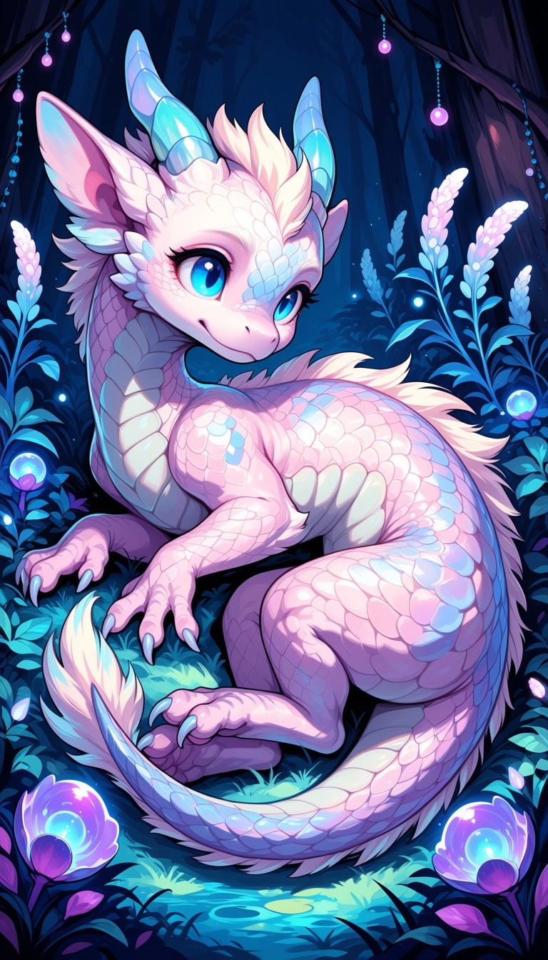 A fluffy cute baby dragon with iridescent scales in shades of pink and pearl white, has large, curious, glowing blue eye