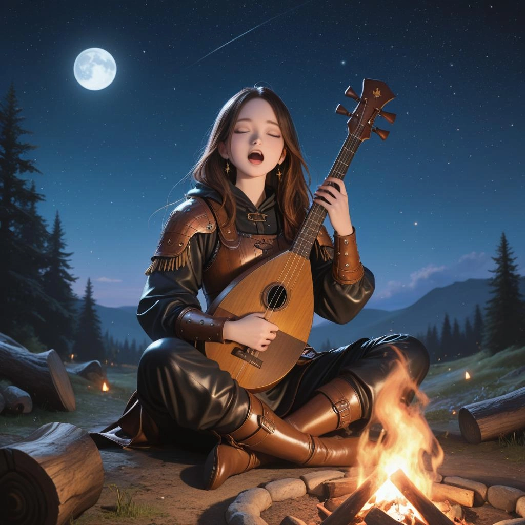 1girl, 
dreamy look,singing,
, bard, colorful leather armour, playing a lute,
sitting at a campfire in the wilderness, a