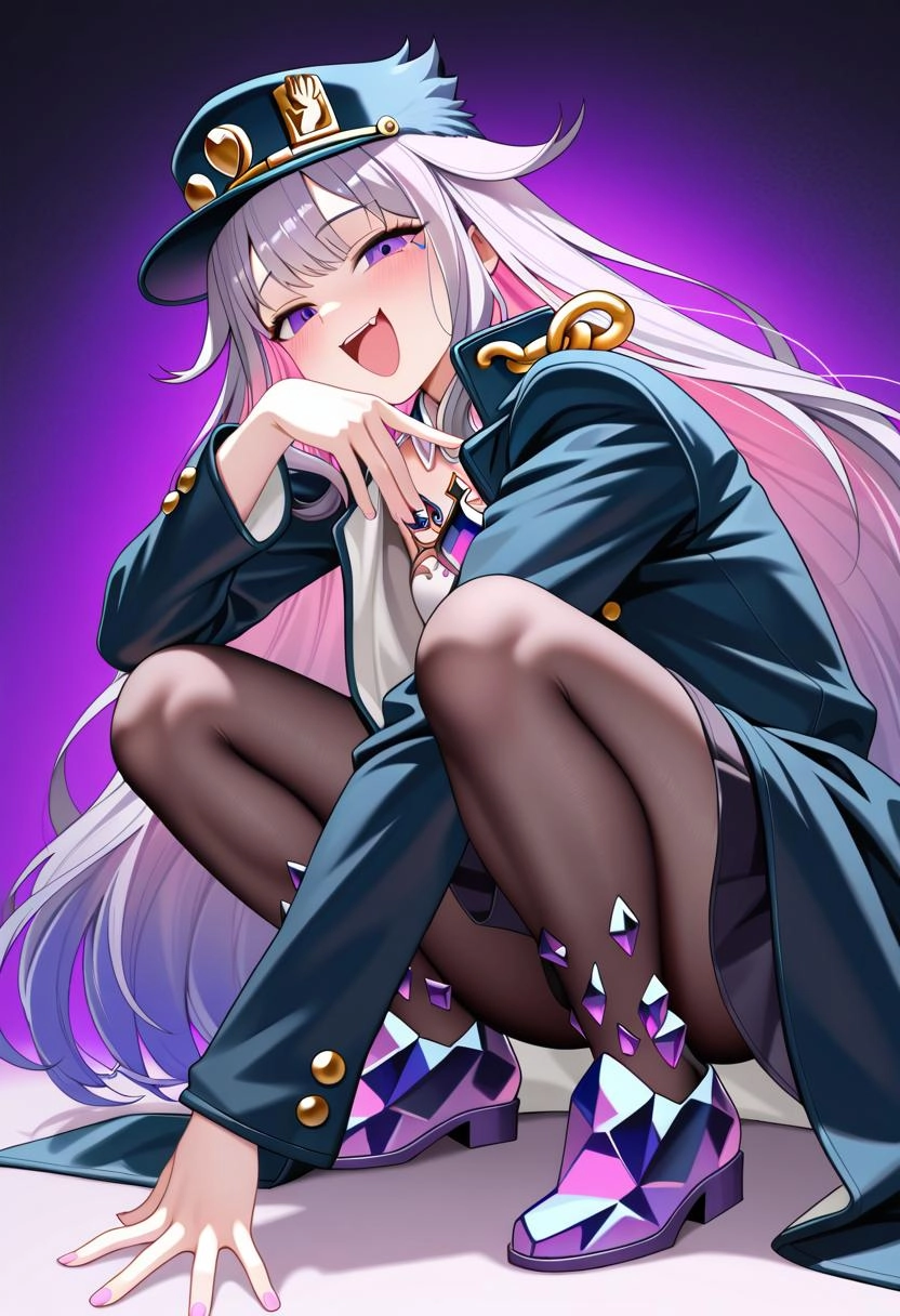 Koseki Bijou, wearing Jotaro Kujo's hat, wearing Jotaro Kujo's jacket with a chain on the collar, JoJo Pose, smug face, 