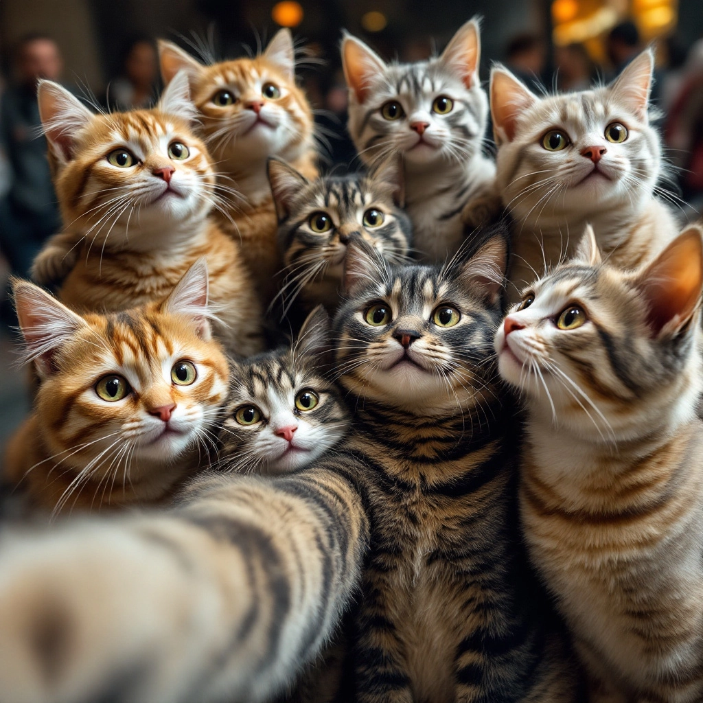 A group of 8 hyper realistic cats taking a selfie together, one of the cat is holding the selfie stick. The cats have hu