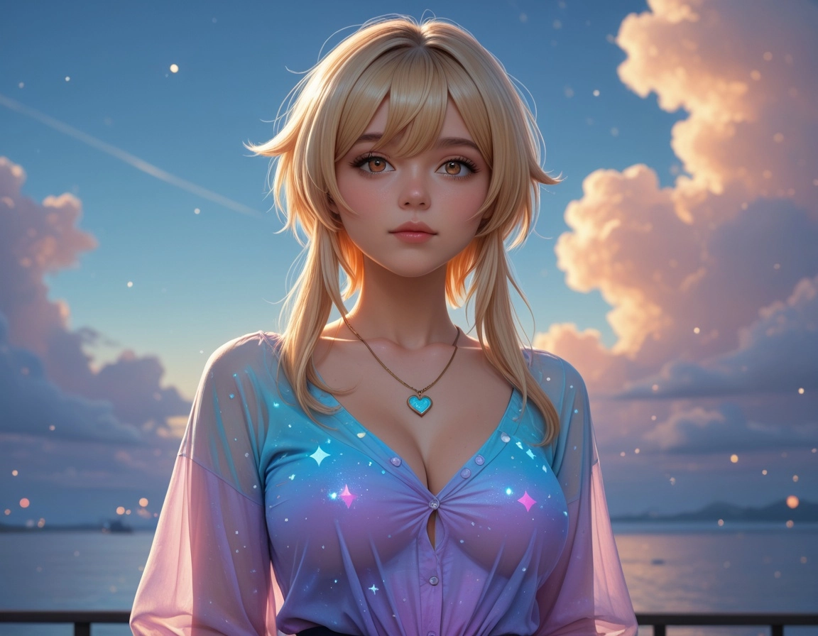 absurdres,     (((cute)))   Lumine_\(Genshin_Impact\),   see-through   dark_blue colorful shirt ,   hearts,  low-rise lo