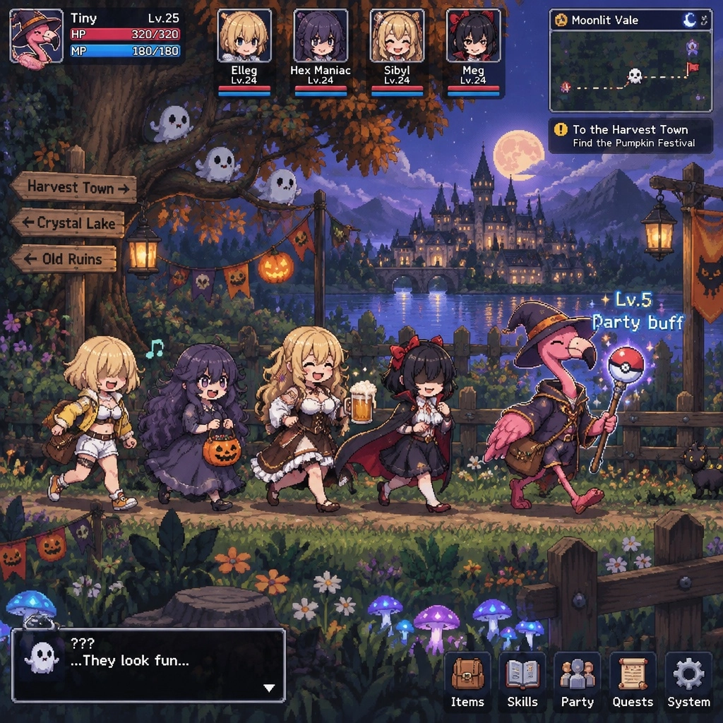Detailed 2d pixel game art, big expressive sprites. A male mage flamingo named "Tiny" with a Pokeball staff walking happ