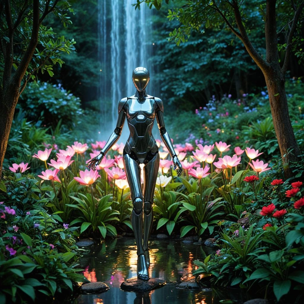 A breathtaking, ultra-detailed, cinematic full-body shot of a graceful female automaton, with sleek chrome and polished 