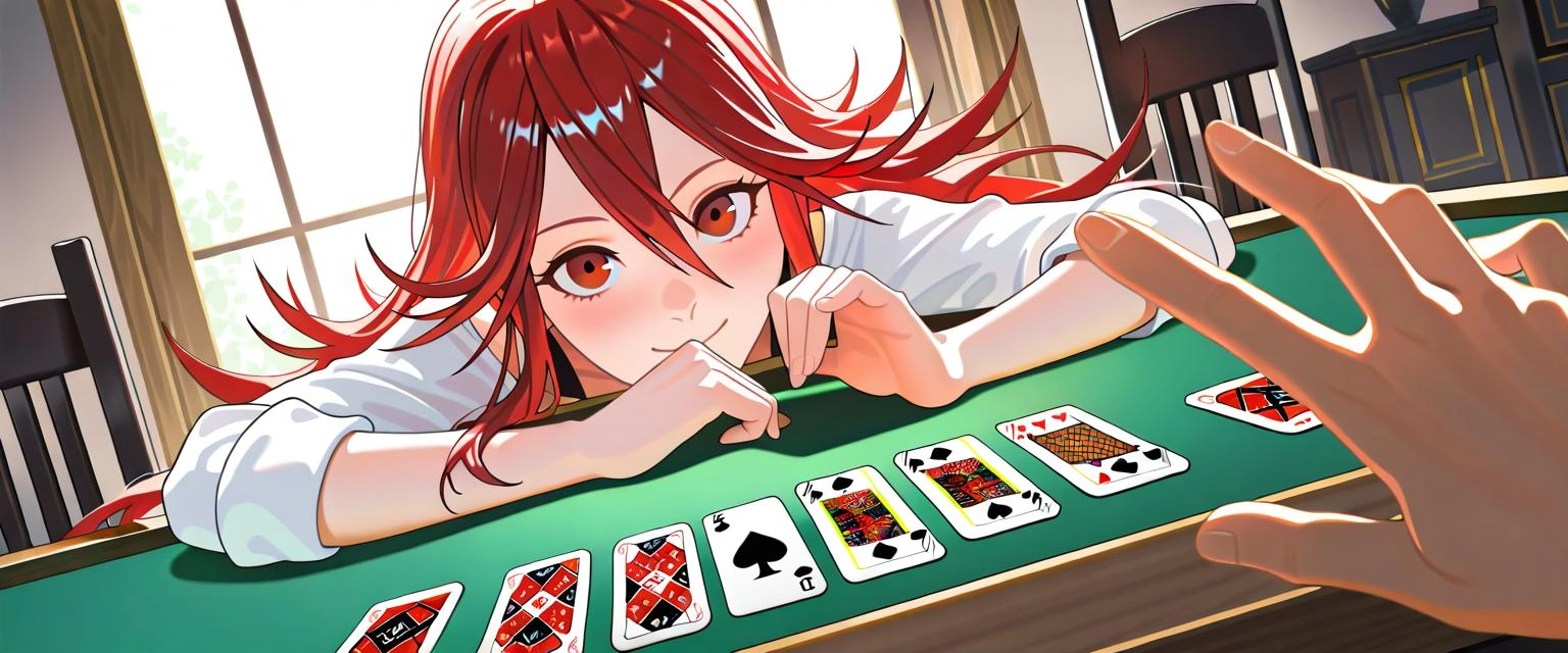 Cordelia, Fire Emblem, across from table, playing card game, midday, natural lighting, red hair, calm, focused, happy, t