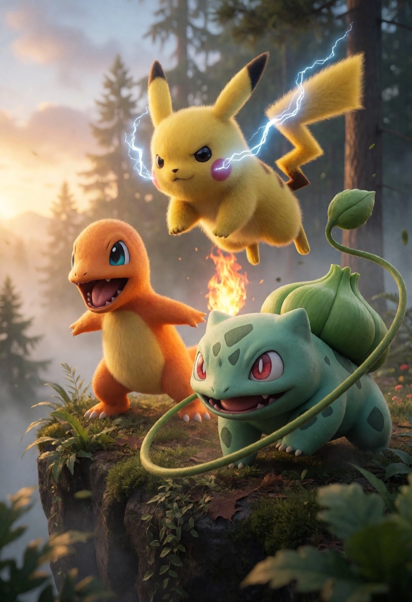A photorealistic action shot of a group of starter Pokémon—Pikachu, Charmander, and Bulbasaur—in dynamic battle stances 