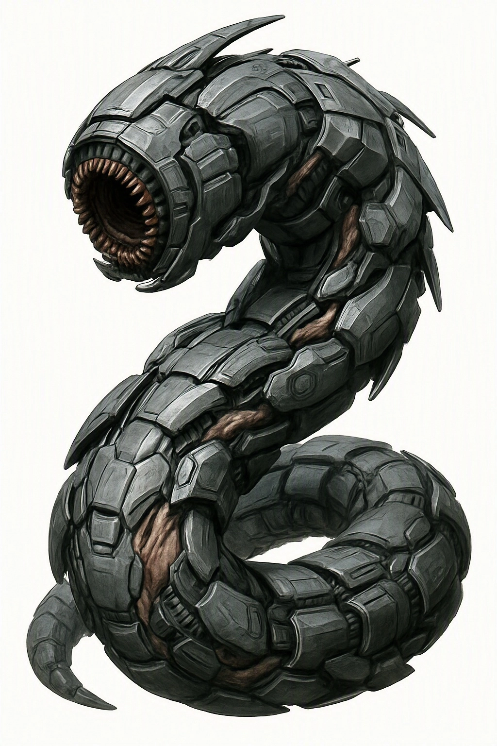 rpg style art. a sci-fi combat mecha. a massive worm like body with no legs or appendages. it is a distinct scary mix of