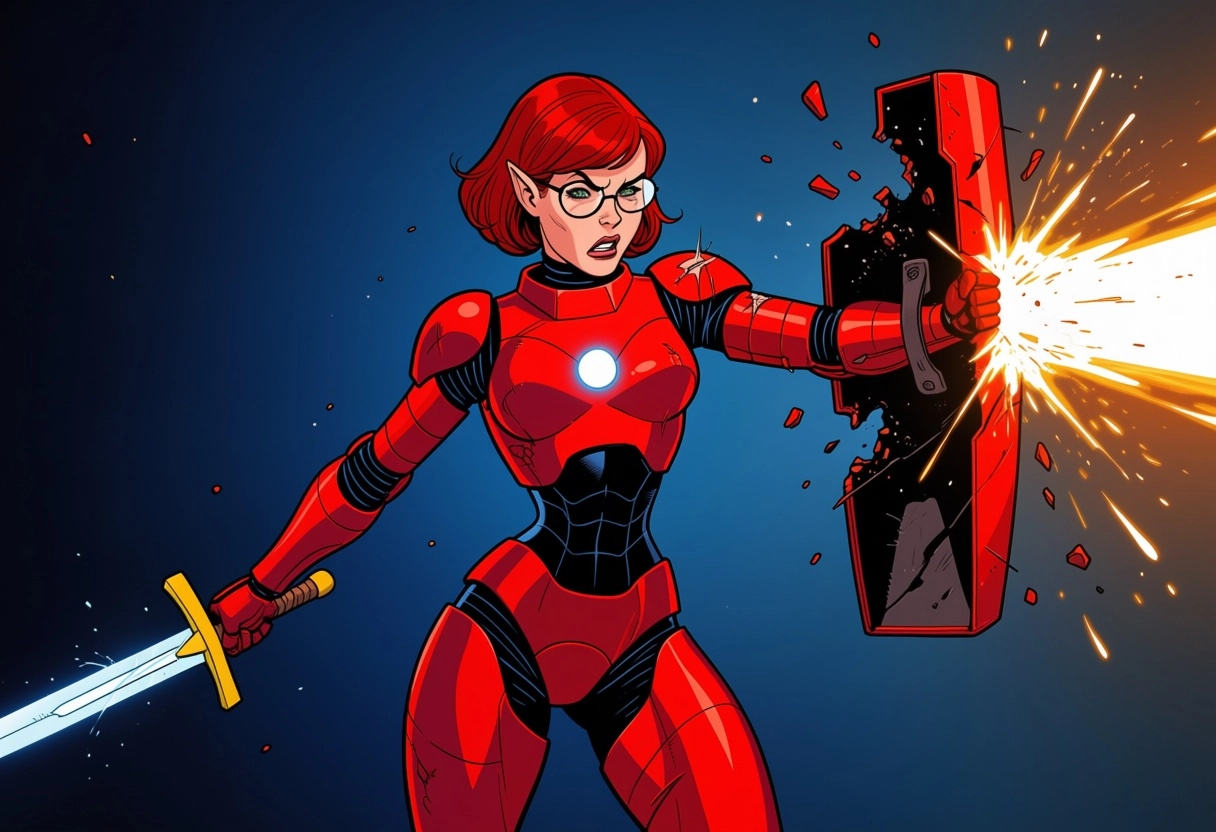 Female elf, red short hair, glasses, future base scenario, red power armor, armor torn apart, she raised her shield to d