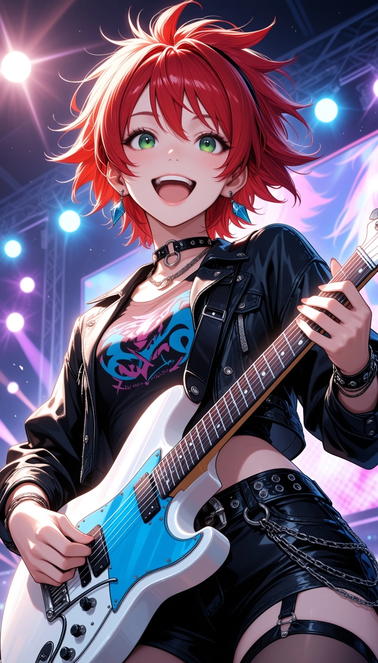 stunning rock musician girl, short spiky red hair, green eyes, white and blue electric guitar, performing on vibrant sun