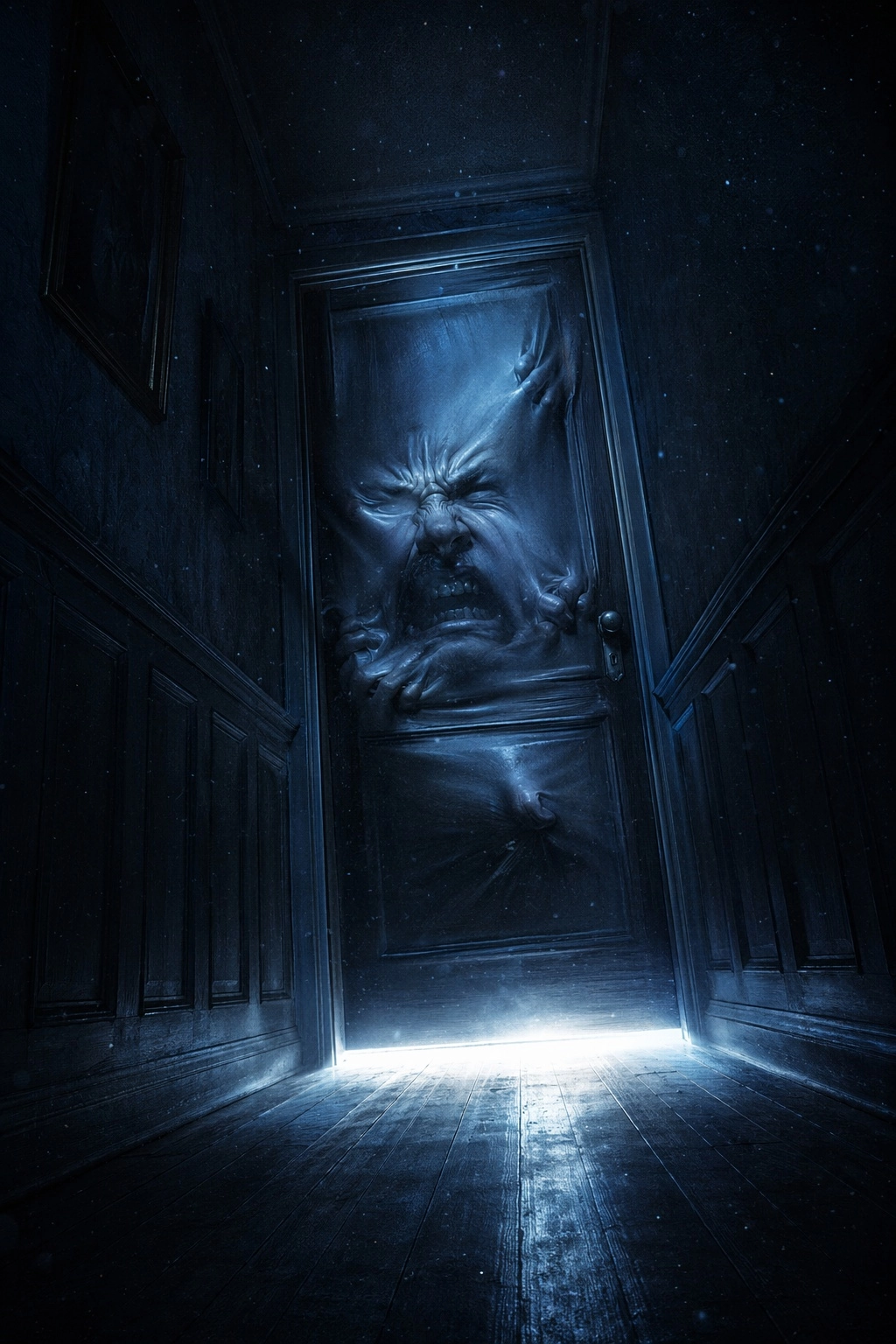 a door at the end of a corridor: bulging, a grotesque face trying to force it's way through, extremely bright light unde