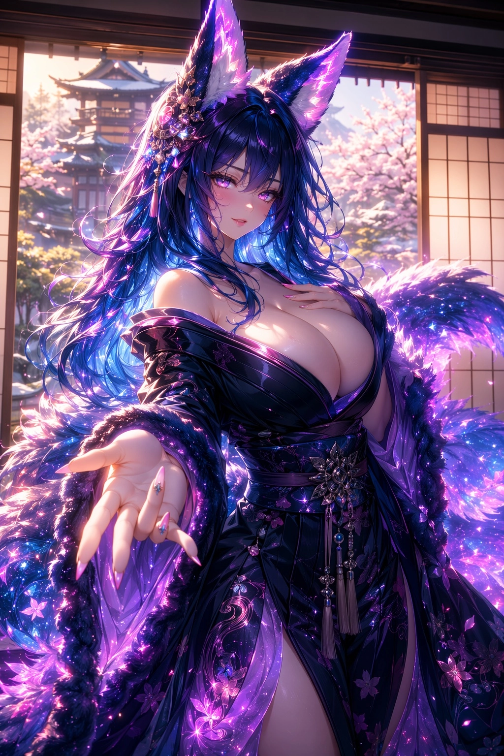 Masterpiece, best quality, ultra-detailed 8K anime illustration of a breathtakingly beautiful cosmic sakura kitsune girl
