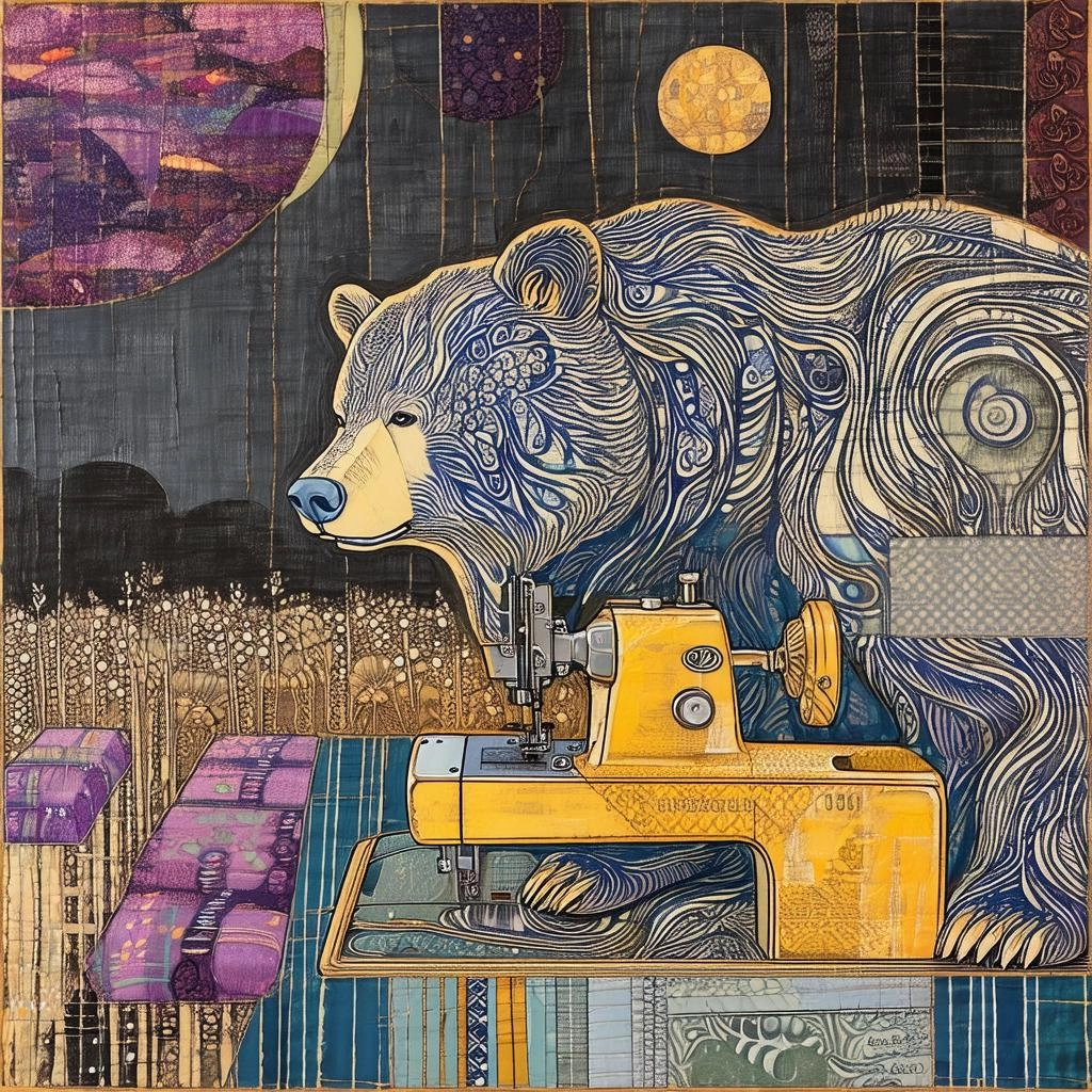 A distorted, dreamlike scene of a dysfunctional bear, reminiscent of Eileen Agar's surrealist tendencies, combined with 
