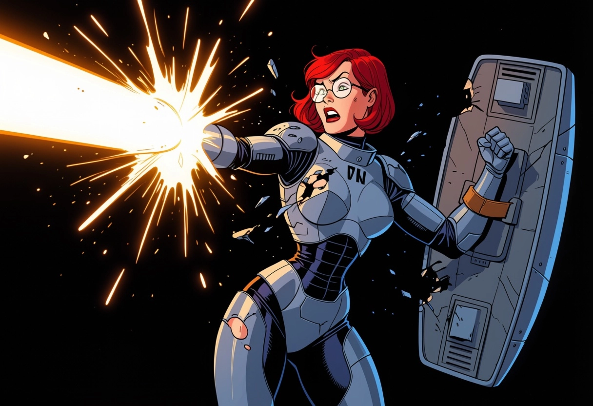 Female elf, red short hair, glasses, alien ship, cyber warrior, power armor, hit by a huge cannon shot, her armor was to