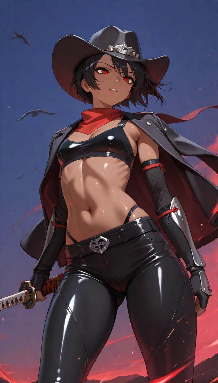 1girl, cowboy samurai, dark skin, toned, alternate costume, bird, blue sky, breasts, cleavage, hat, flat breasts, short 