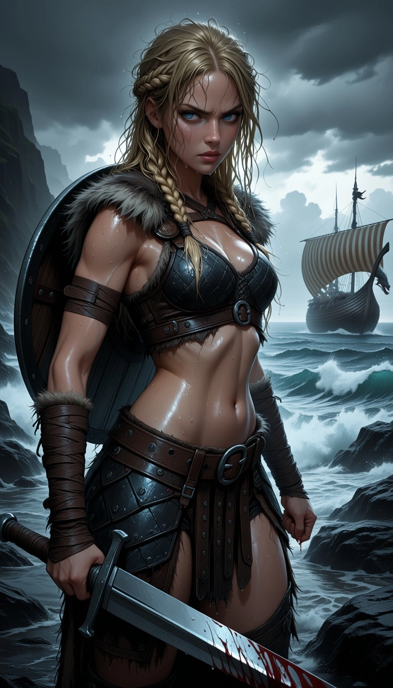 Hyper-realistic cinematic photograph of a fierce, Viking warrior woman standing on a rugged, dark rocky coastline. She h