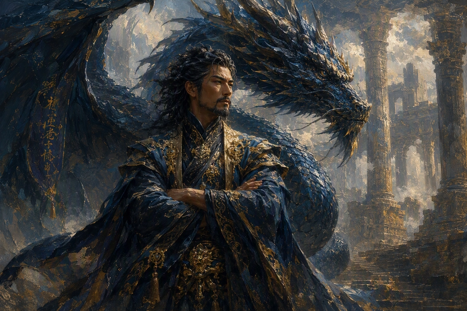 A majestic, middle-aged mythical male figure stands in solemn contemplation, arms folded across his chest, his dark, int