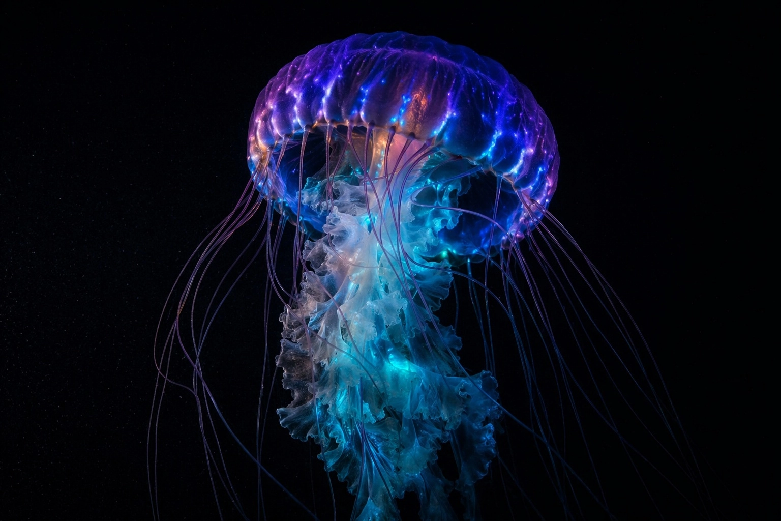 A photorealistic HD image of a multi-coloured bioluminescent jellyfish, deep underwater in the inky blackness of of the 