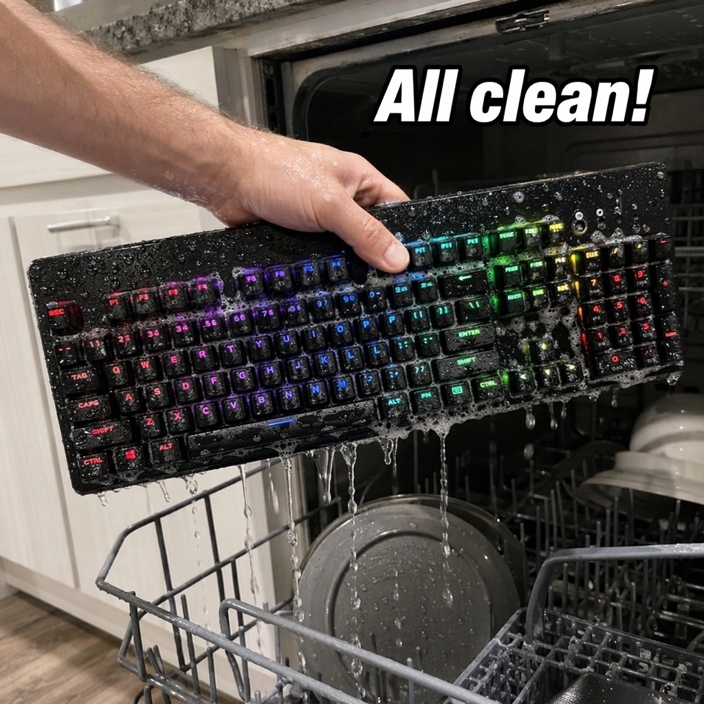 A photo of an arm and hand lifting out a colorful RGB gamer keyboard out of the dishwasher saying "All clean!" The keybo